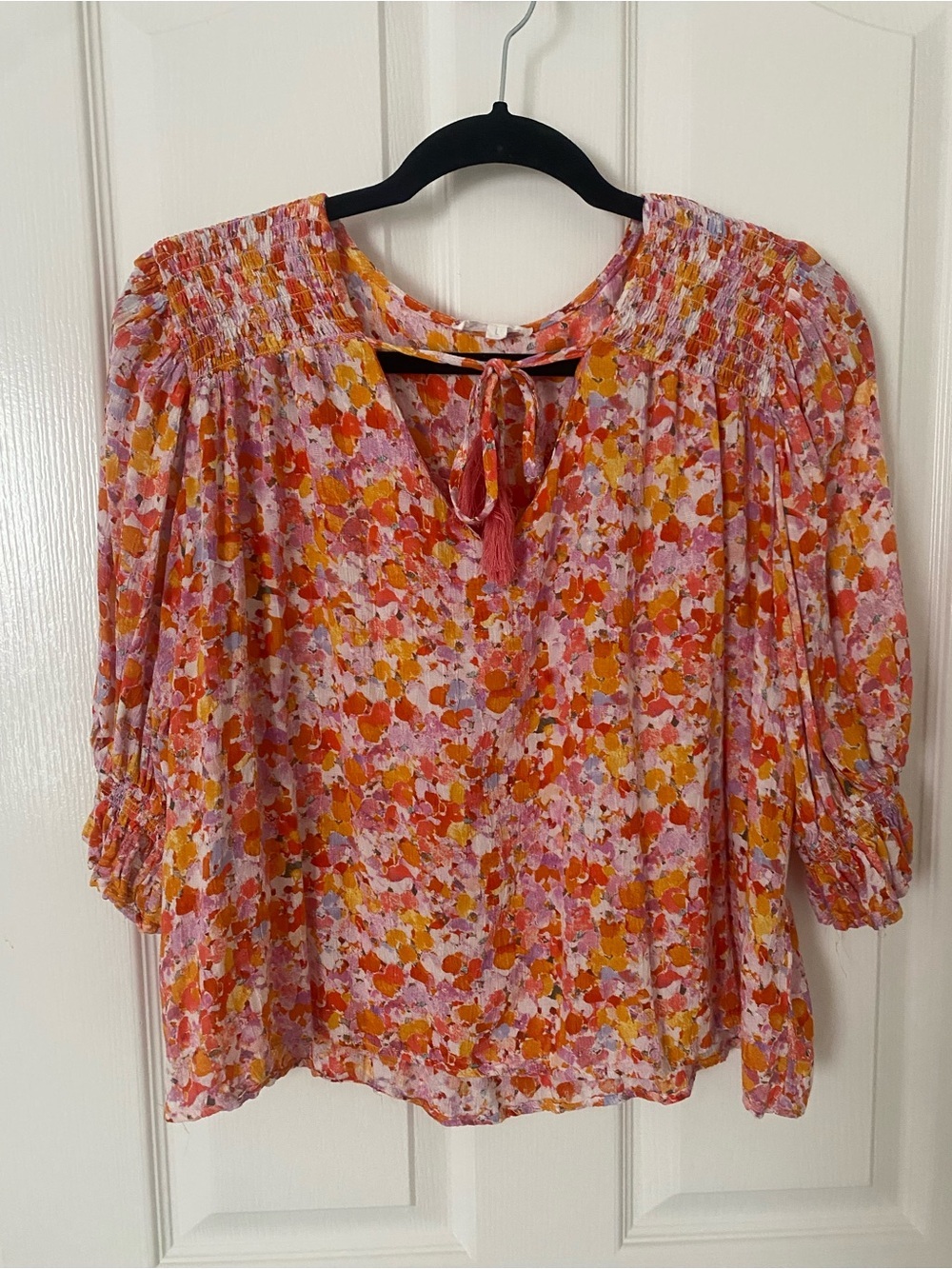 Womens Floral Tie-Neck Blouse — Pink & Orange